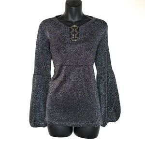 August Silk Women's Knit Top L Metallic Black Shimmer Bell Sleeves Fairy Goth